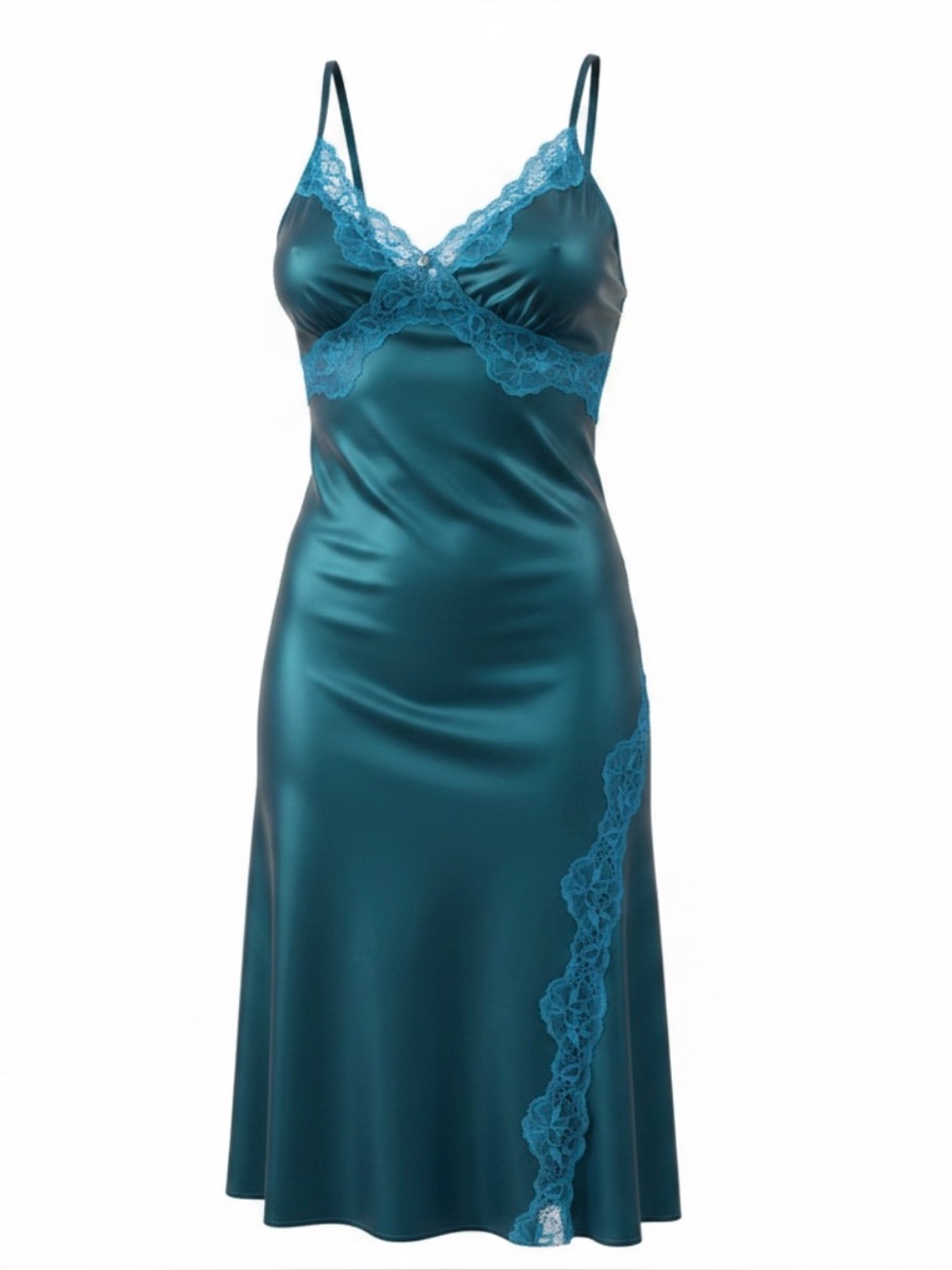 Adore Me Teal Satin Lace-Trim Slip
